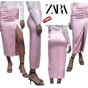 Zara pink satin effect ruched midi skirt high front slit Sz M NWT